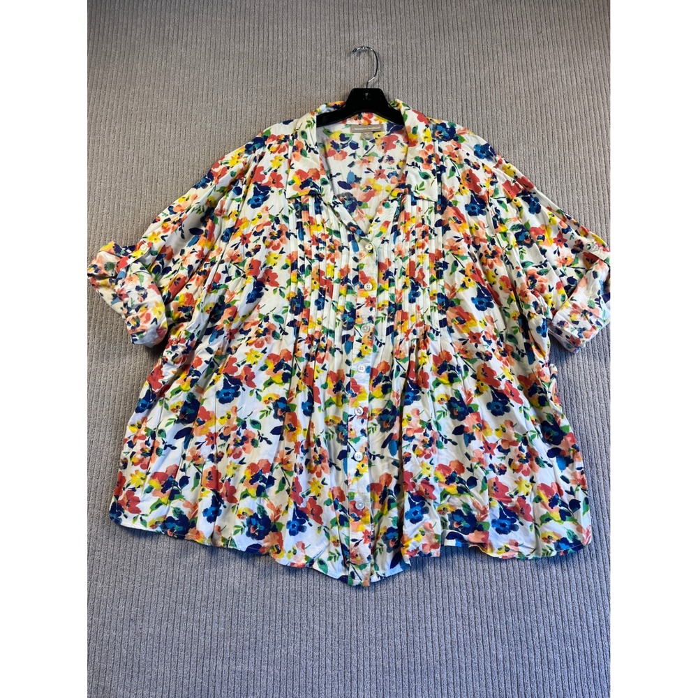 Woman Within Top 3X 30/32 Floral Button Front Down Blouse Roll Tab Sleeve Rayon
